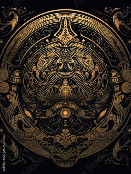 Fototapeta Golden decoration with ornate steampunk ornament on black background, metallic floral ornaments. Generative AI