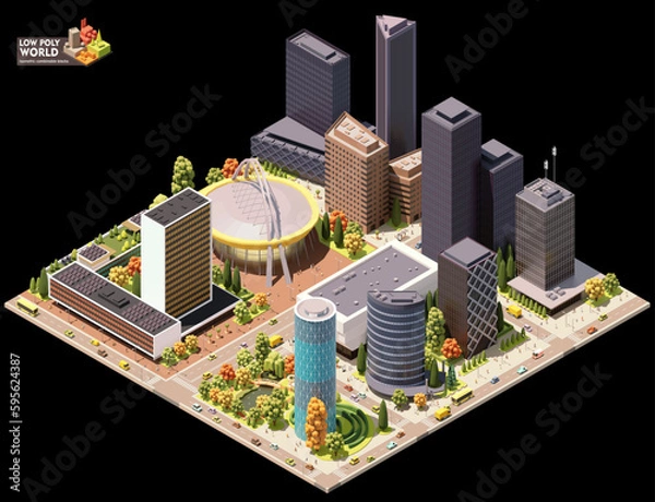 Fototapeta Vector isometric world map creation set. Combinable map elements. City downtown or center map. Skyscrapers, sports venue and park, modern buildings and streets