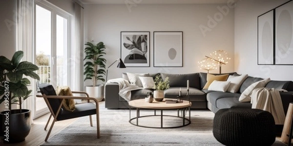 Fototapeta Scandifornian interior design room with beautiful lightning generative ai