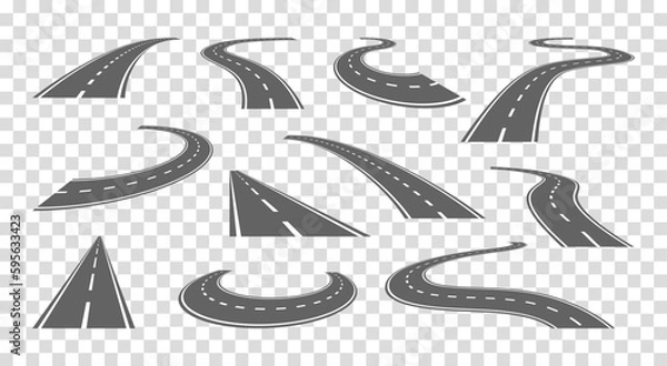 Obraz Street road path, highway in perspective. Winding pathway lane, straight way to horizon, asphalt speedway. City autobahn kit, creator parts. Crossroad constructor. Vector current design set