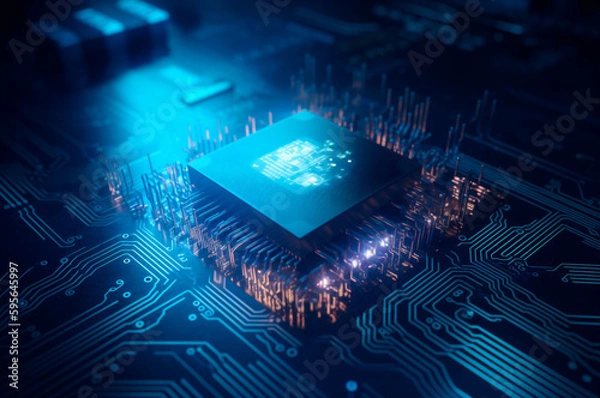 Obraz CPU advanced central processing unit concept network security. Motherboard chip. Technology science background. AI generated. Selective focus