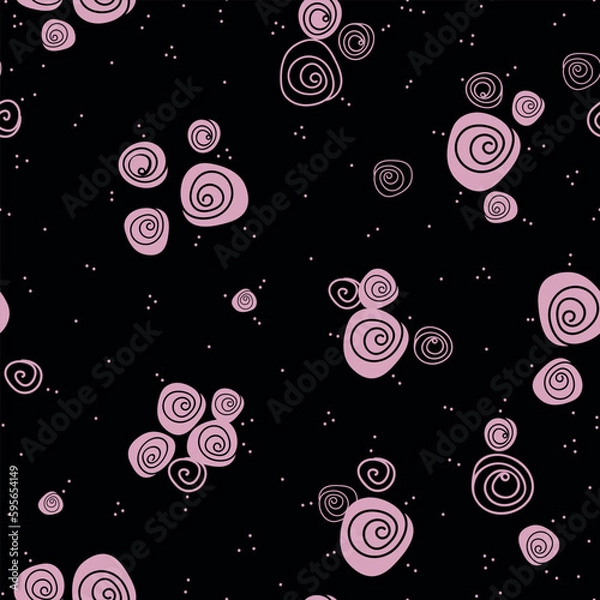Fototapeta Blush pink roses and abstract dots on black background, hand drawn floral pattern