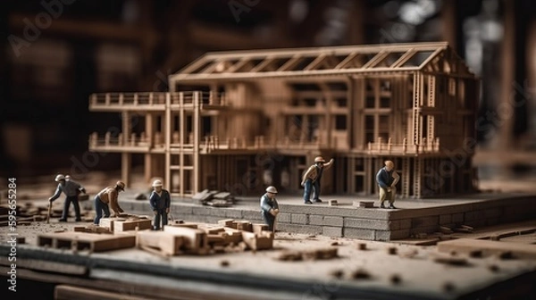 Fototapeta Building house wooden layout miniature on blueprints with worker construct. Al generated