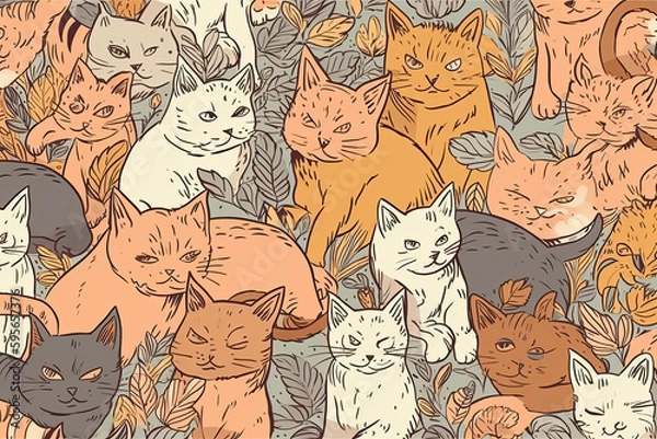 Fototapeta Seamless pattern with cute colorful Kittens. Creative childish pink texture