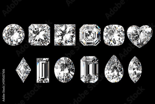 Obraz Twelve diamonds of the most popular shapes isolated on black background. 3d illustration
