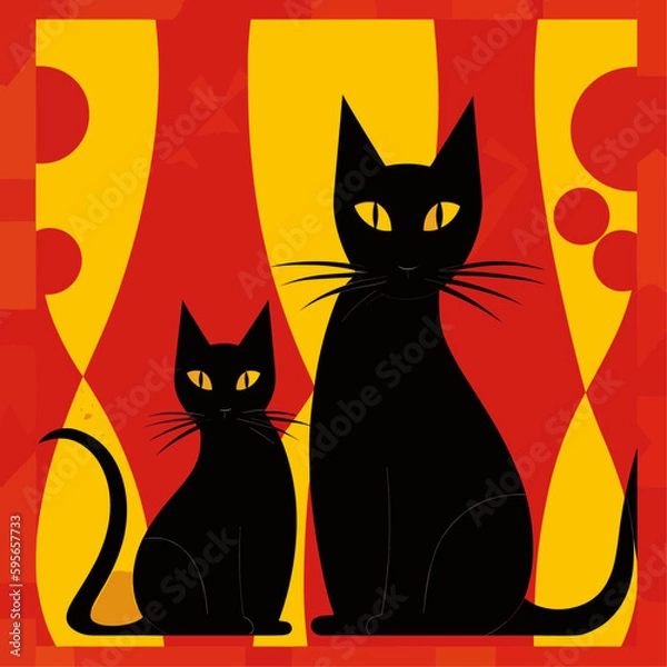 Fototapeta Two black cats. Handmade drawing vector illustration. Retro style poster. Art deco style. Red-yellow color