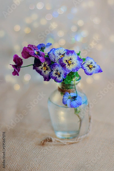 Fototapeta Pansy flowers with water drops in a glass vase and a blue blurred background with yellow bokeh. Shallow depth of field.