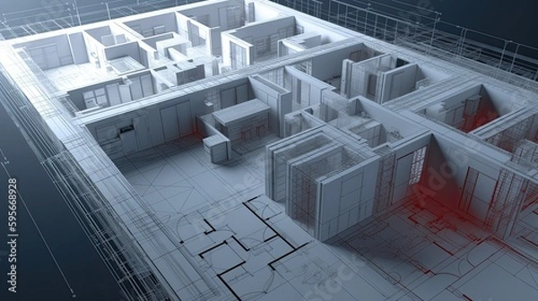 Obraz Cad 3d rendering of a a house plan on the computer, mockup of house design in 3d, cad drafting in revit or autocad, AI