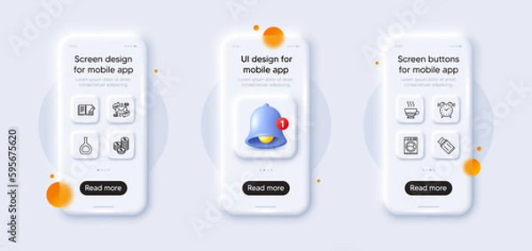 Fototapeta Usb flash, E-mail and Alarm clock line icons pack. 3d phone mockups with bell alert. Glass smartphone screen. Doppio, Cognac bottle, Washing machine web icon. Coins, Feedback pictogram. Vector