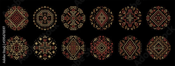 Fototapeta Vector set of tribal cover templates, decorative aztec circles, geometric ethnic shapes. Bright orange and black art decoration round shapes set.