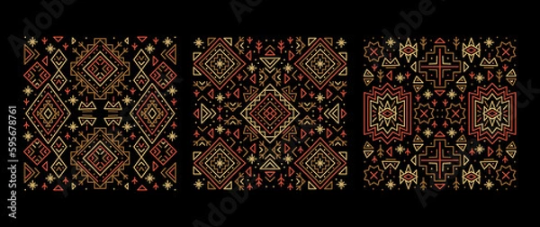 Fototapeta Trendy abstract aztec backgrounds. Set of vector cover templates, decorative african borders, geometric ethnic frames. Fashion print for textile, fabric. Set of tribal line patterns. Square templates