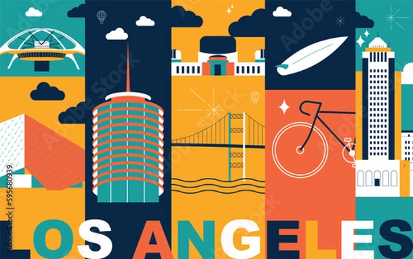 Obraz Typography word Los Angeles branding technology concept. Collection of flat vector web icons. American culture travel set, architectures, specialties detailed silhouette. Doodle famous landmarks.