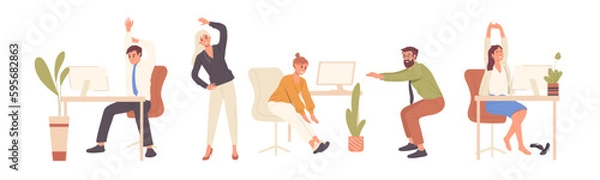 Fototapeta Set of people office worker doing active physical exercises during break time to get rest and relax