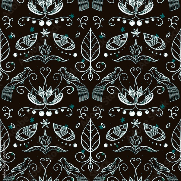 Fototapeta Ethnic pattern with birds on a black background