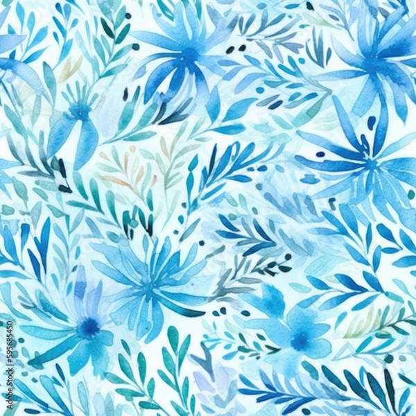 Fototapeta Light blue floral watercolor seamless pattern. Generative AI background