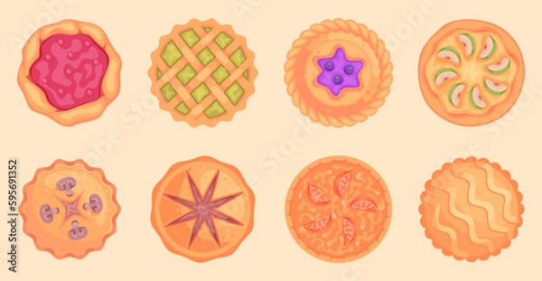 Fototapeta Pie top view. Cooked tasty round food pastry pie desserts exact vector illustrations