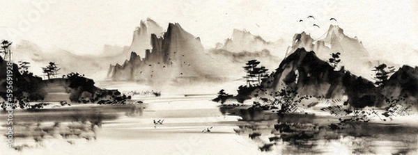 Fototapeta Mountain Range with Lake in Sumi-e Style - generative ai
