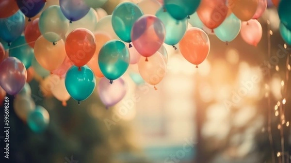 Fototapeta Pastel colorful balloons blur bokeh background. Pastel colorful bokeh background. AI generative