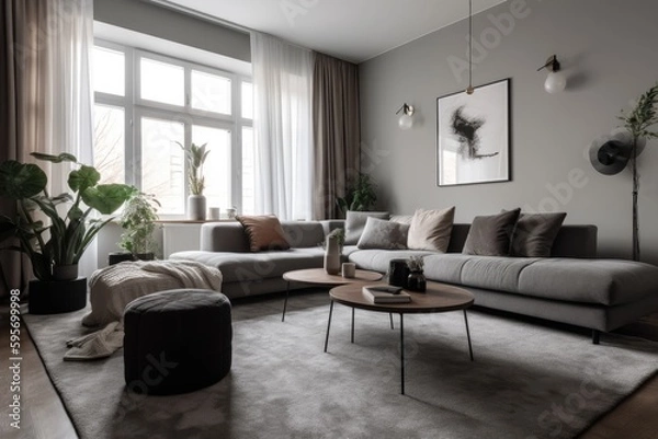 Fototapeta 3D rendering of a modern living room, furnished in Scandinavian style. The room features clean lines, minimalistic design, and a neutral color palette. Generative Ai