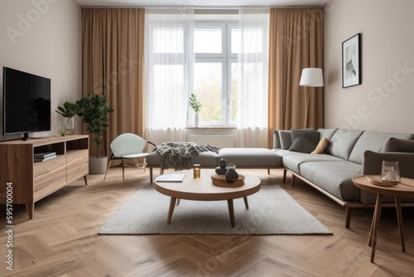 Fototapeta 3D rendering of a modern living room, furnished in Scandinavian style. The room features clean lines, minimalistic design, and a neutral color palette. Generative Ai