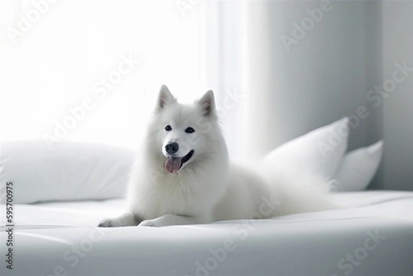 Fototapeta Short-coated Dog on a Soft White Textile Background