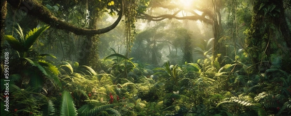 Fototapeta Panorama of dense jungle, wild forest with palm trees and tropical plants. Landscape of green wilderness, thick, theme of adventure, nature and rainforest.