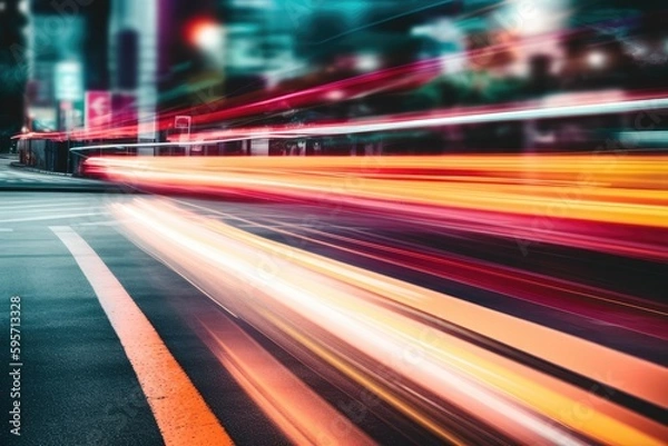 Fototapeta vibrant cityscape with illuminated buildings and bustling streets at night. Generative AI