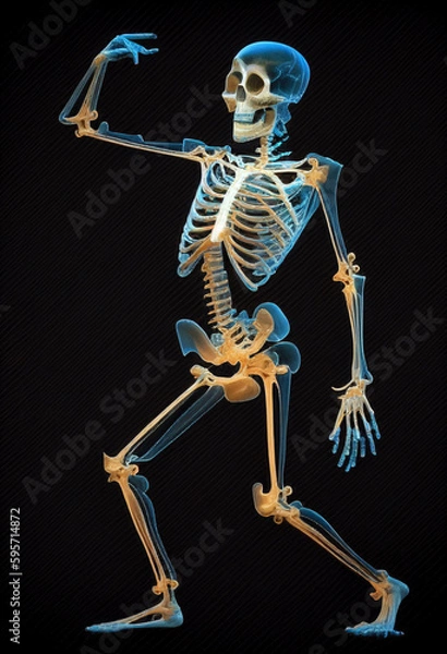 Fototapeta Dancing skeleton on a dark background. AI Generated