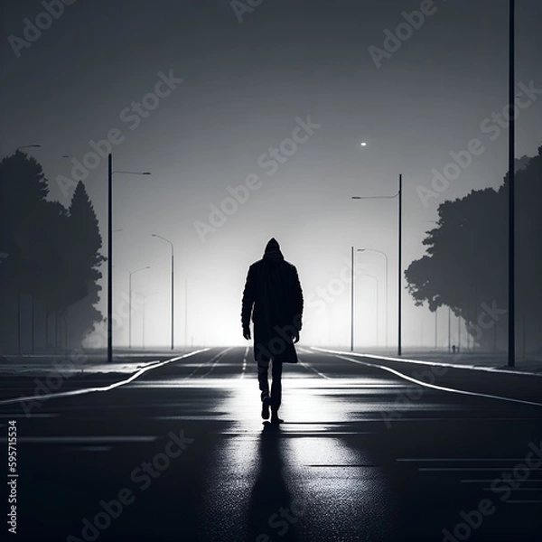 Fototapeta Silhouette of a person walking on the road, generative AI