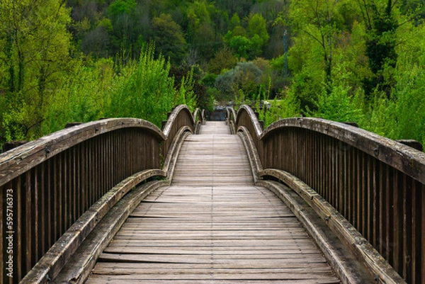 Obraz Wooden bridge with arches surrounded by vegetation in the town of Castellfollit de la Roca
