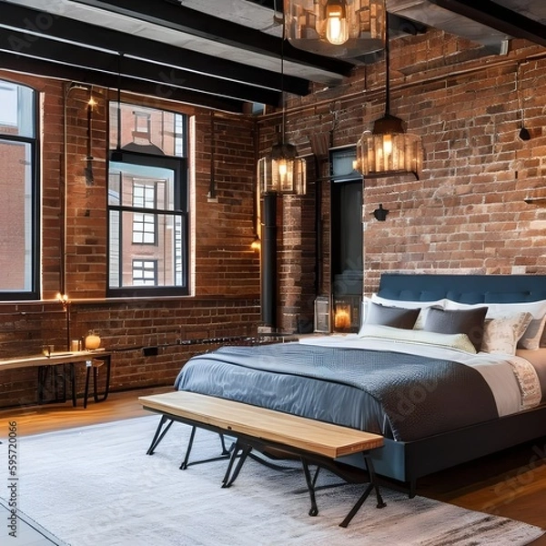 Fototapeta 3 An industrial-style bedroom with exposed brick walls, metal accents, and a platform bed5, Generative AI
