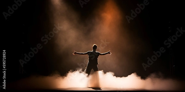 Fototapeta Artist on Stage enjoying  the Crowd. Silhouette of a Singer Musician Person on Concert. Flashlight, Smoke on Stage. Dramatic Music Performance Background. 