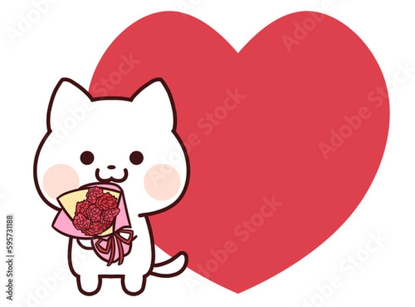 Obraz カーネーションの花束を持つ白猫とハート