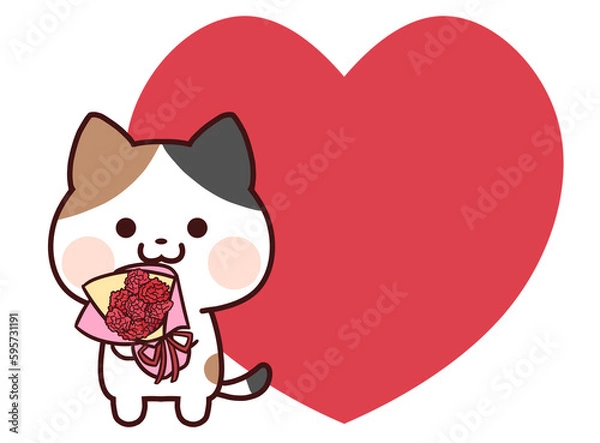 Obraz カーネーションの花束を持つ三毛猫とハート