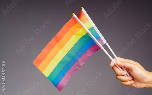 Fototapeta Rainbow flags showing in hand against a black background