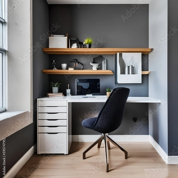 Fototapeta 14 A minimalist, Scandi-style home office with a white desk, a comfortable chair, and a mix of wooden and metal accents3, Generative AI