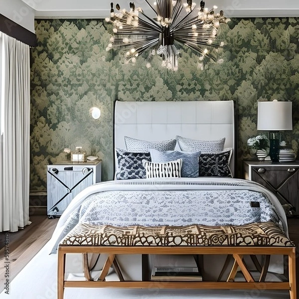 Fototapeta 8 A cozy, cottage-style bedroom with a mix of patterned and solid bedding, a white wooden bed frame, and a statement chandelier4, Generative AI