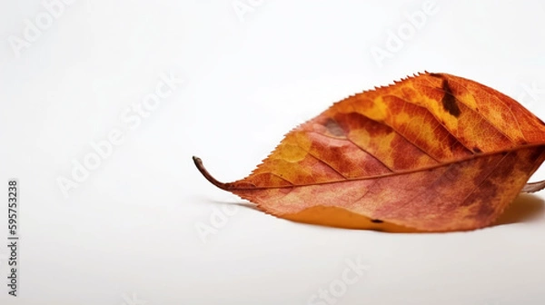 Fototapeta Autumn colored leaf on white background with empty space copy. banner 16:9. generative ai