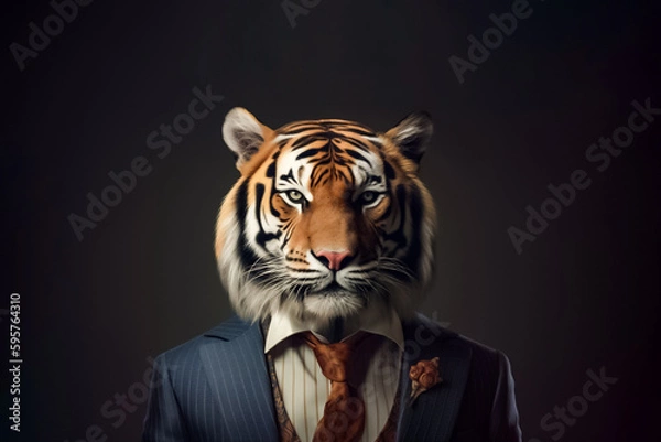 Fototapeta A male tiger in a business suit represents power and strength, showcasing your brand as a force to be reckoned with in the market. generative AI.