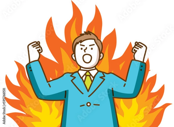 Obraz 炎をバックに天を仰いでガッツポーズをするスーツ姿の男性