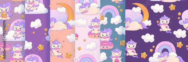 Fototapeta Cute Kawaii Unicorn seamless pattern set with rainbow and star. Fairy cute animal children design. Fantasy wallpaper with unicorn and cloud. Cartoon vector illustration
