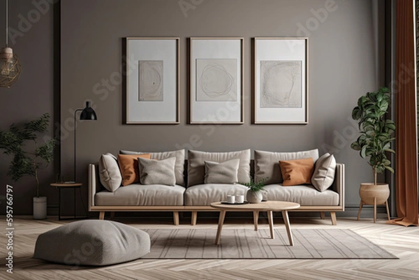 Fototapeta Interior design of a stylish, minimalistic and comfortable elegant living room on a white background.