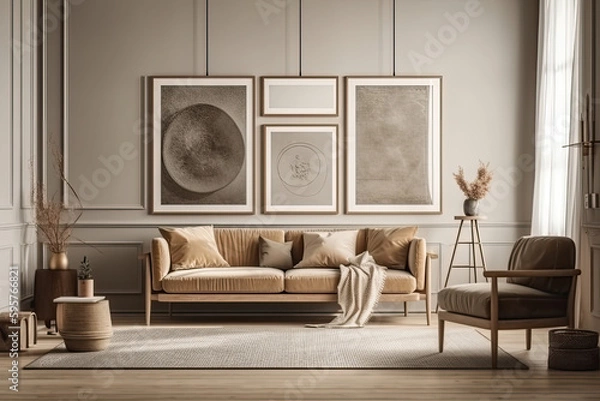 Fototapeta Interior design of a stylish, minimalistic and comfortable elegant living room on a white background.