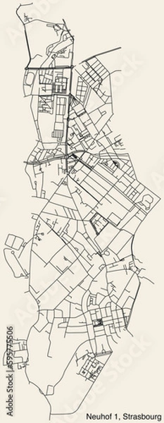 Fototapeta Detailed hand-drawn navigational urban street roads map of the NEUHOF 1 DISTRICT of the French city of STRASBOURG, France with vivid road lines and name tag on solid background