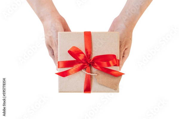 Obraz Hand hold gift box isolated on transparent background. Png realistic design element.