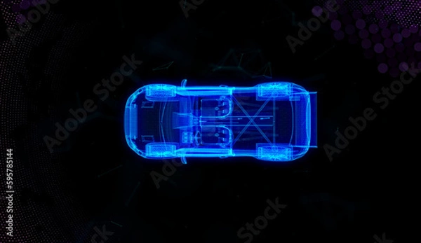 Fototapeta Speeding Sports Neon Car. Technology wireframe sketch top view. Motorsport product design background