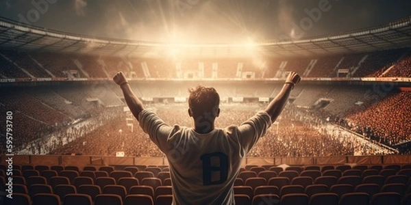 Fototapeta Back view of fan celebrating victory in soccer stadium. Football, soccer fan support their team and celebrate goal, scorer, victory. Generative AI