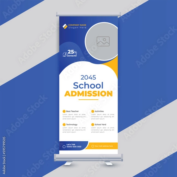 Fototapeta Back to school admission roll up banner design or standee x banner layout template