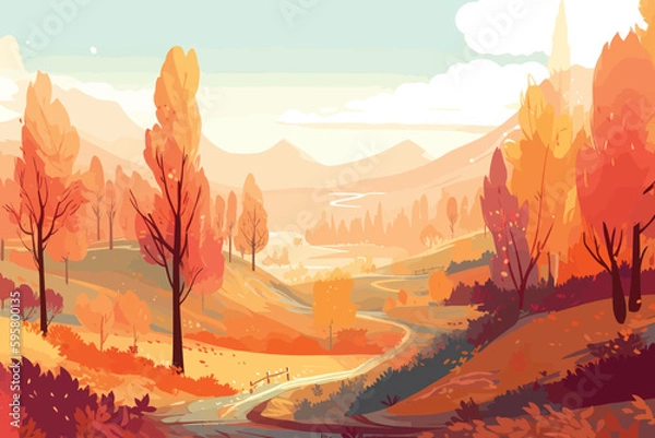 Fototapeta Rustic Retreat: A Serene Landscape of Trees and Mountains in Autumn