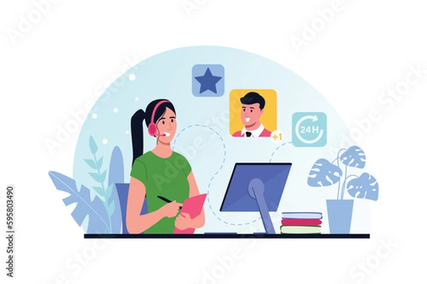 Fototapeta Online support blue and pink concept with people scene in the flat cartoon style. Support center worker talking to a client on the phone. Vector illustration.